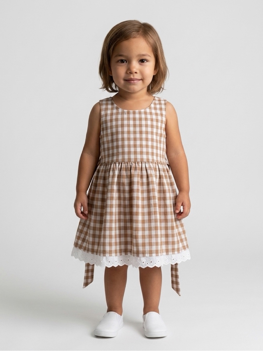 Vintage Beige and White Gingham 2T Casual Dress - Picture 3 of 6